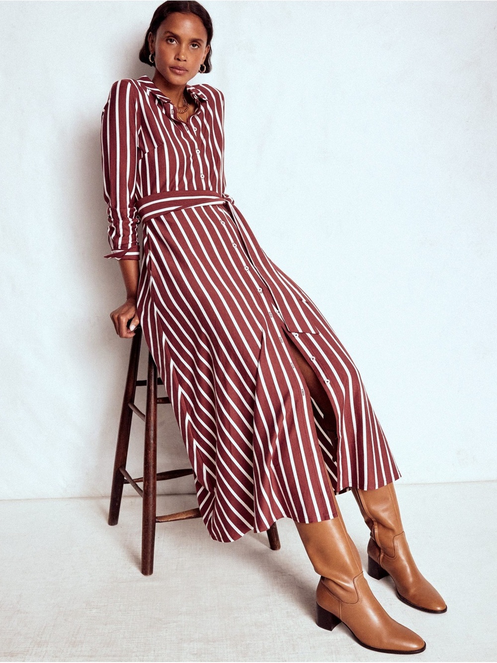 Boden sz12 Marcia Jersey Shirt Dress Burnt Orange Ivory Stripe Belted Midi Dress - Picture 2 of 7